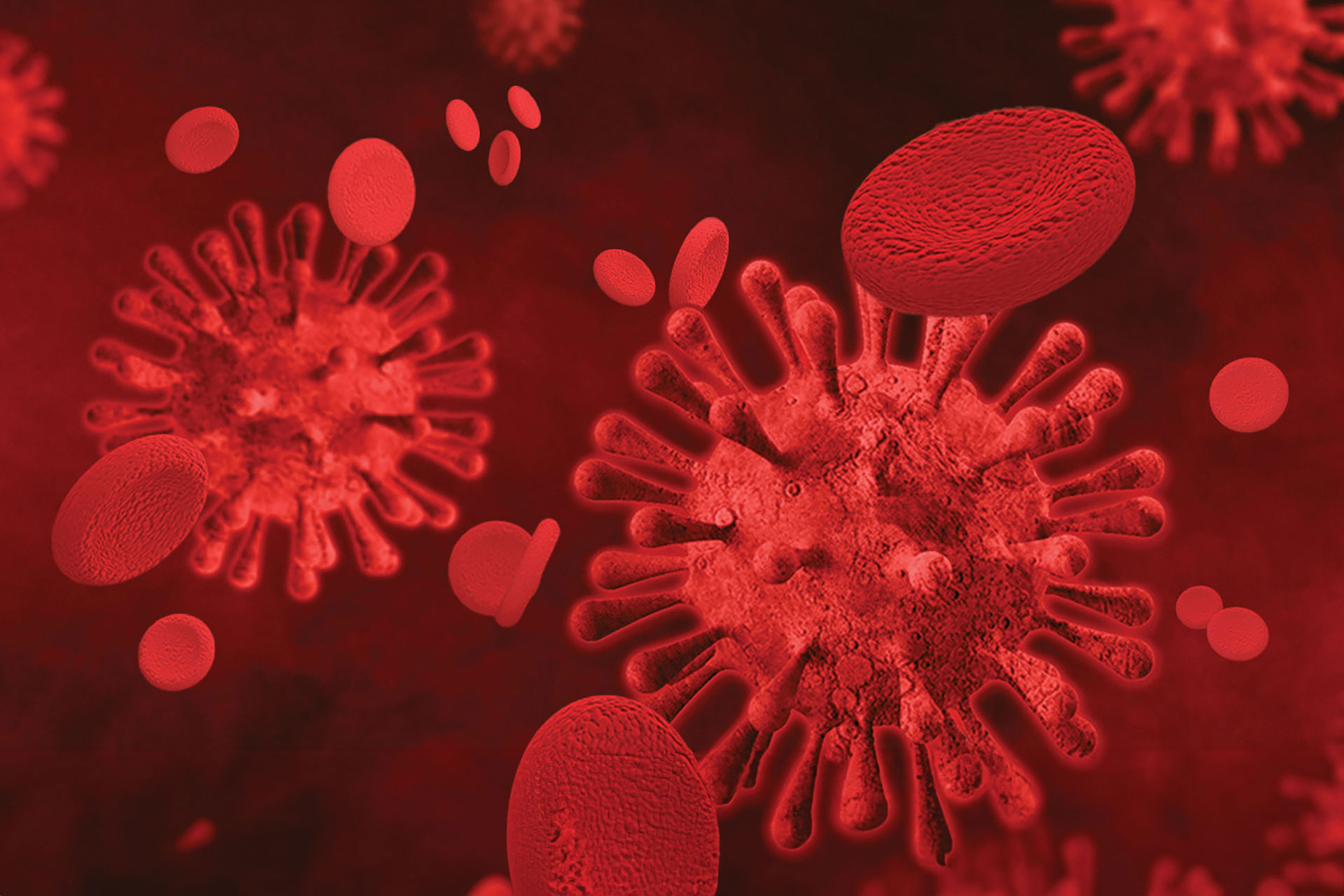 Covid-19 virus on a red background