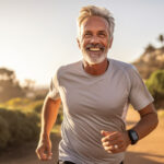A fit, middle-age man runs on trail thinking about his SEVR