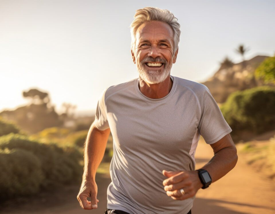 A fit, middle-age man runs on trail thinking about his SEVR