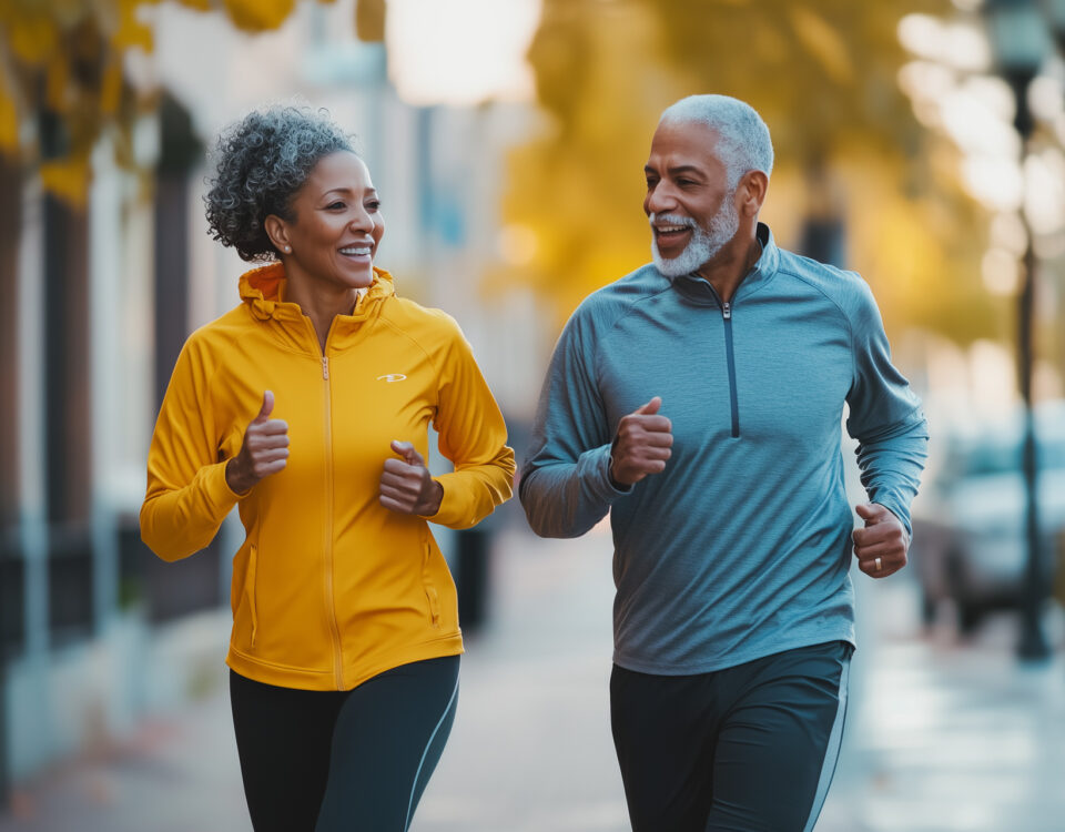 Male and female endurance athletes running, highlighting the connection between exercise, calcium scores, and cardiovascular health