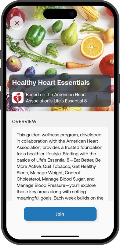 User viewing the CONNEQT Health Healthy Heart Essentials 28-day guided program overview, featuring Life’s Essential 8 and a Join button.