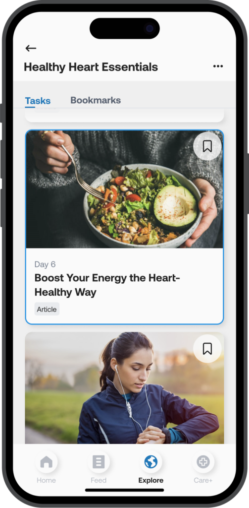 Healthy Heart Essentials task list in the CONNEQT App showing Day 6 article, “Boost Your Energy the Heart-Healthy Way,” with bookmark and task progress interface.