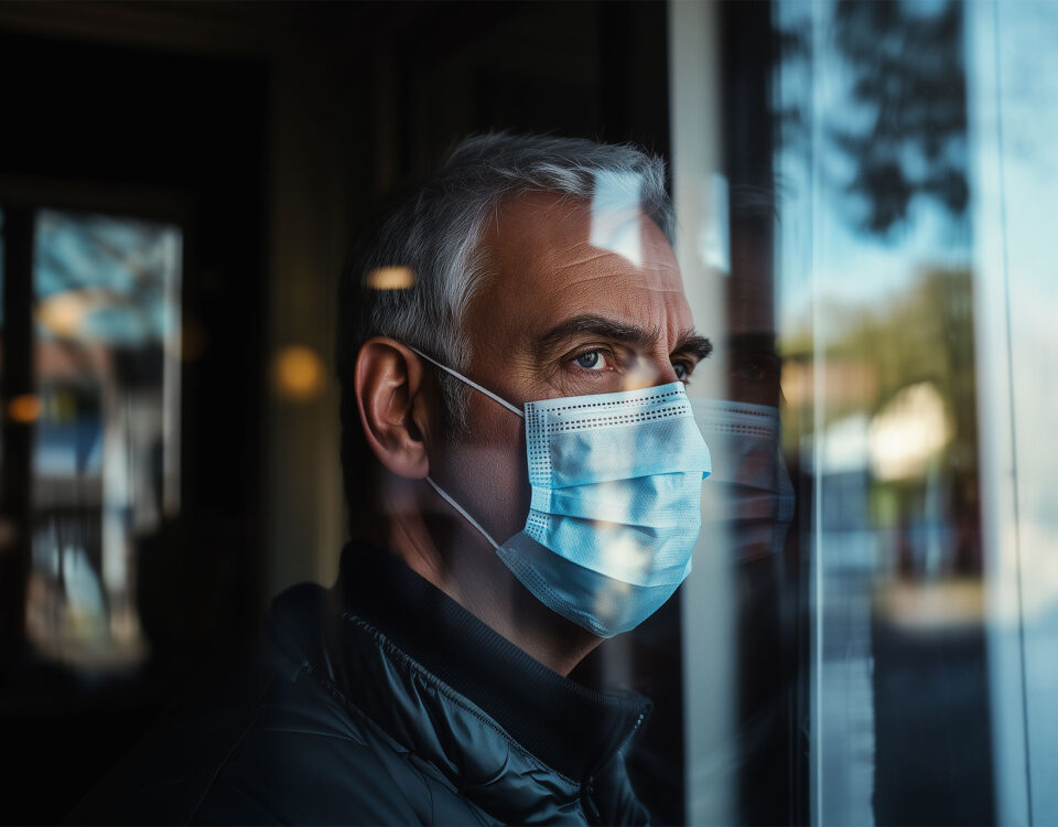 Man wearing a COVID-19 mask—symbolizing ongoing recovery and hidden cardiovascular risks like arterial stiffness and elevated central blood pressure linked to long COVID.