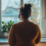 Woman wearing a mask, staring out a window during COVID infection—representing the silent, long-term vascular effects of COVID, including arterial stiffness and autonomic dysfunction.”