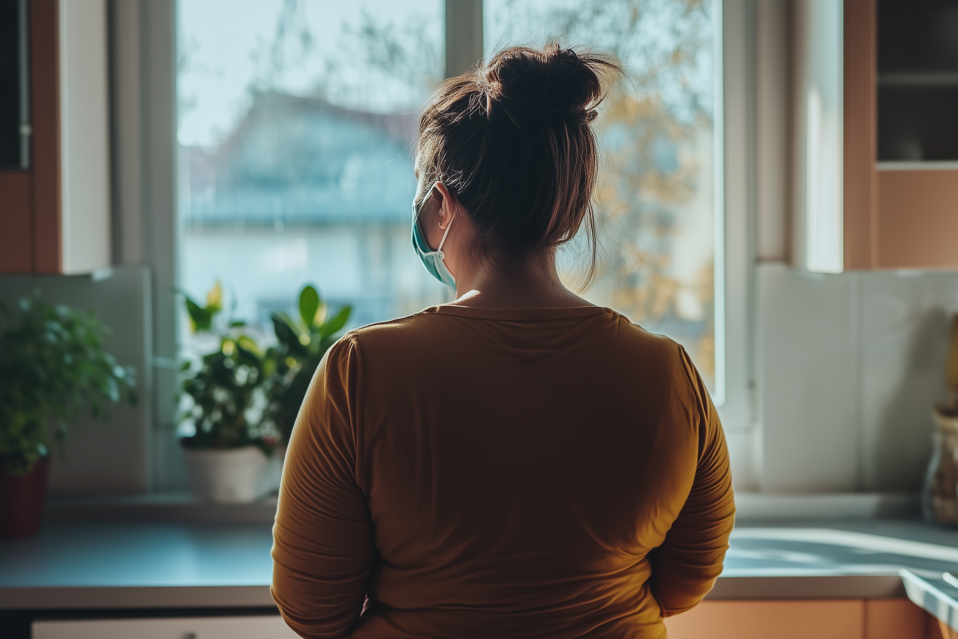 Woman wearing a mask, staring out a window during COVID infection—representing the silent, long-term vascular effects of COVID, including arterial stiffness and autonomic dysfunction.”