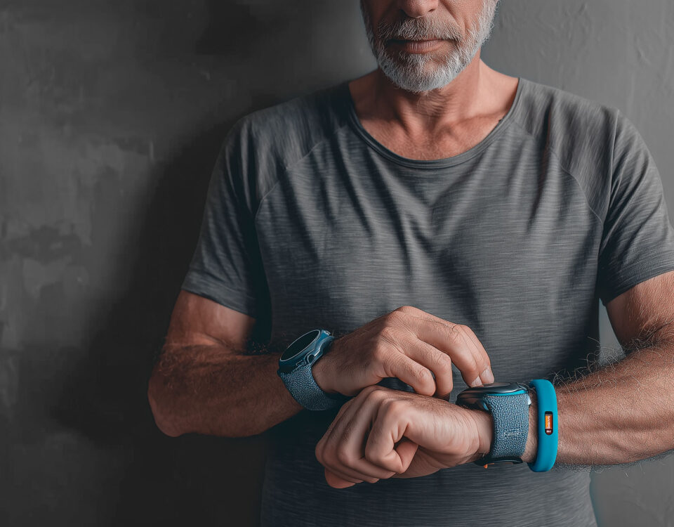 Older adult checking wearable device while monitoring arterial health