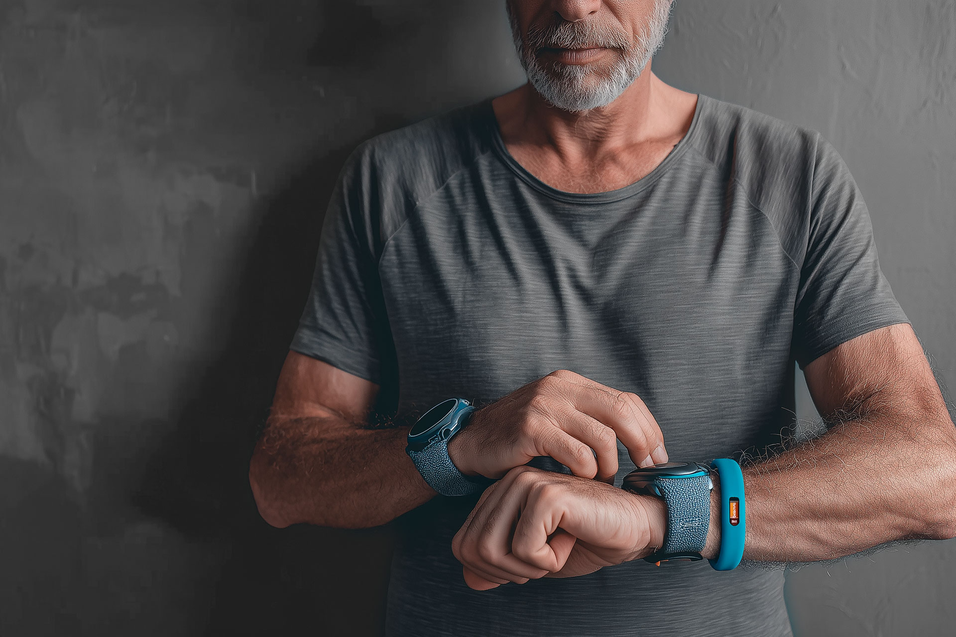 Older adult checking wearable device while monitoring arterial health