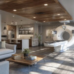 Hospital cath lab with imaging equipment, contrasted against a living room setting