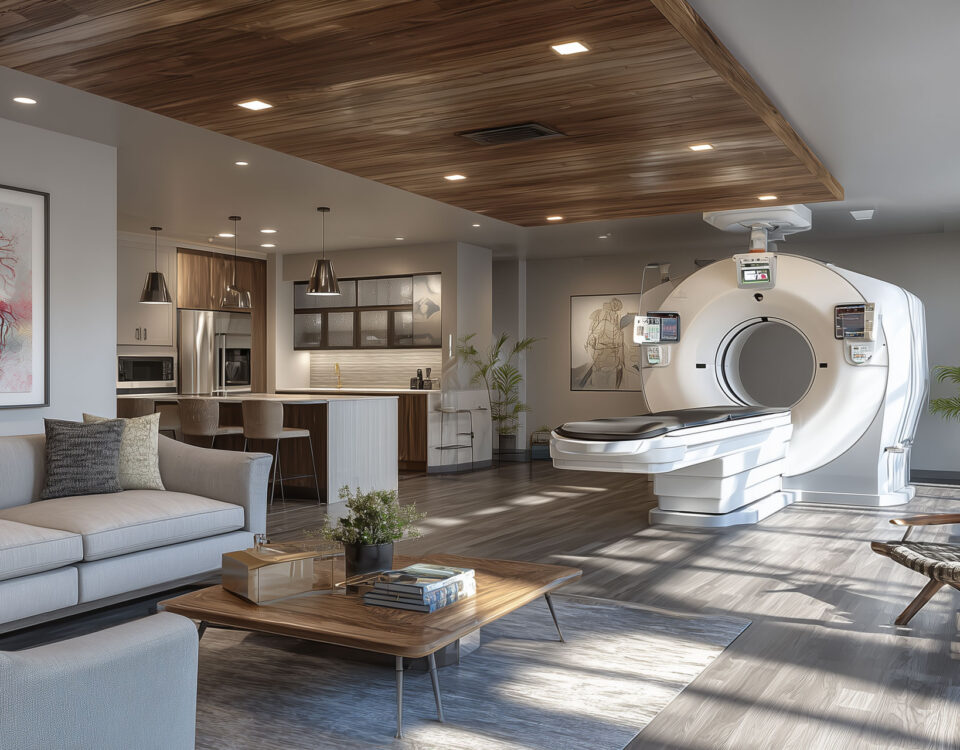 Hospital cath lab with imaging equipment, contrasted against a living room setting