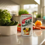 Potassium-based salt substitute placed next to fresh produce on a kitchen counter