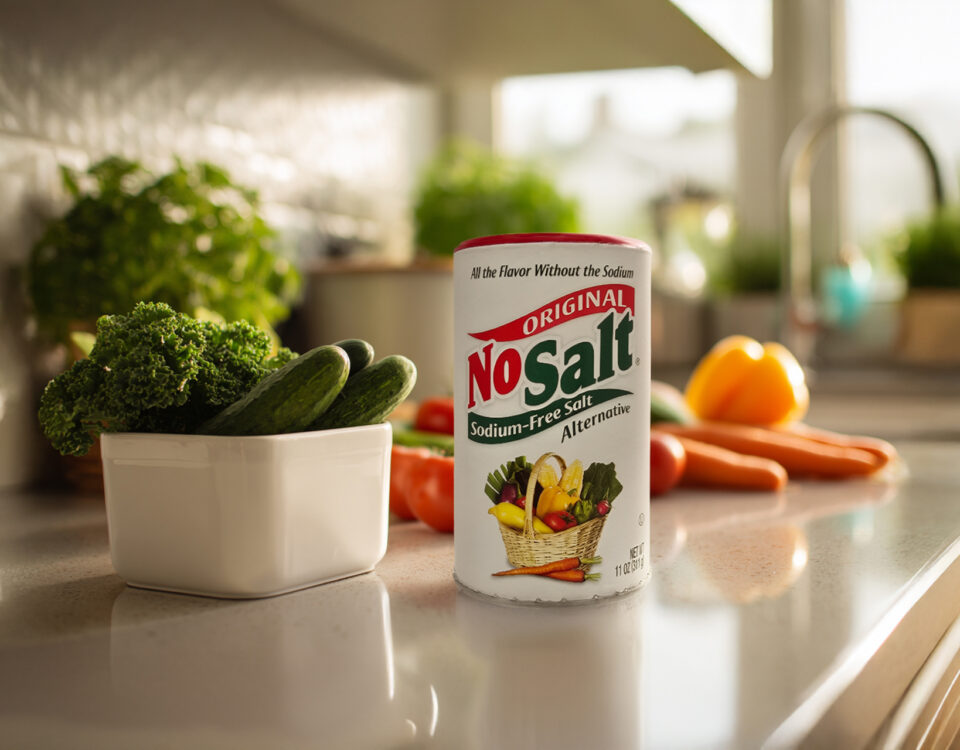 Potassium-based salt substitute placed next to fresh produce on a kitchen counter